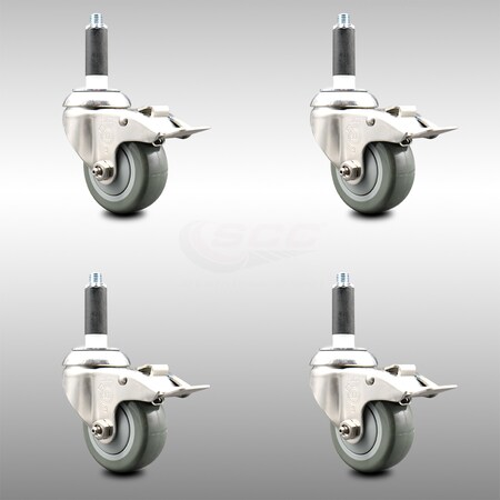 Service Caster 3.5 Inch 316SS Gray Poly Swivel 3/4 Inch Expanding Stem Caster Set Lock Brake SCC-SS316TTLEX20S3514-PPUB-34-4
